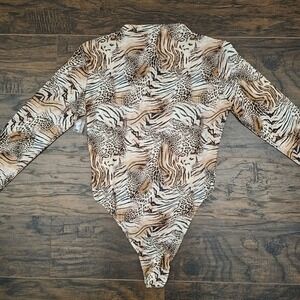 Animal Print One-Piece Womens Large Sheer Mesh‎ Slit Back Body Suit Bold